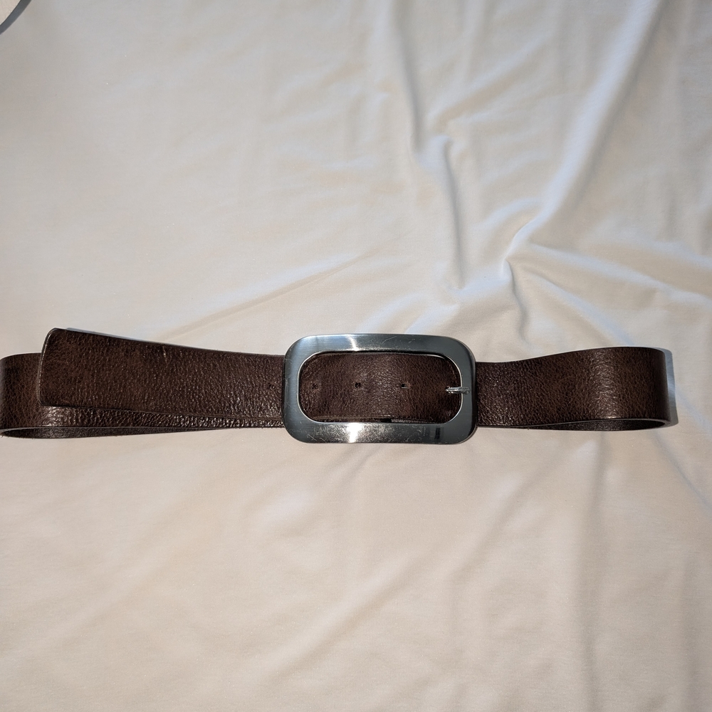 Wide Leather Belt with Metallic Buckle